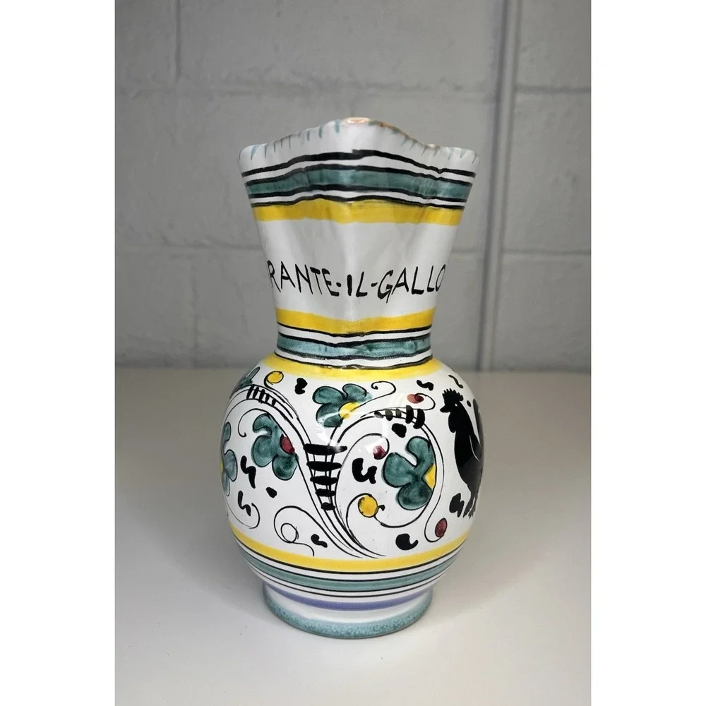 Deruta Pitcher Black Rooster Floral Jug Ristorante Gallo Nero Green Yellow Italy